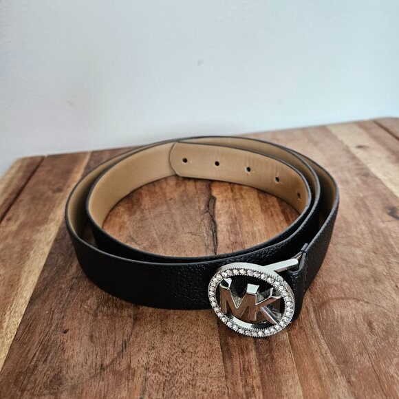 Michael Kors 1 INCH Leather Crystal Logo Belt Circle MK Signature Logo Size XL - Picture 2 of 6